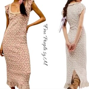FREE PEOPLE Mckenna Velvet Smocked Floral Midi Dress Cream Pink Eyelet Hem M